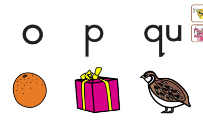 Give a quail an orange as a present! Let’s learn the sounds o, p and qu!　ウズラにオレンジをプレゼントしよう！o, p, quの音を覚えましょう！