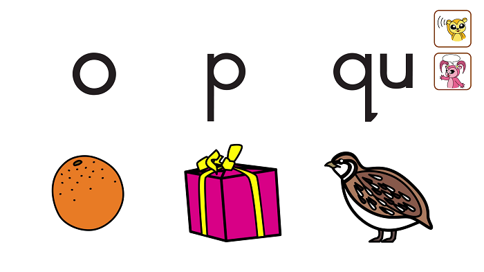 Give a quail an orange as a present! Let’s learn the sounds o, p and qu!　ウズラにオレンジをプレゼントしよう！o, p, quの音を覚えましょう！